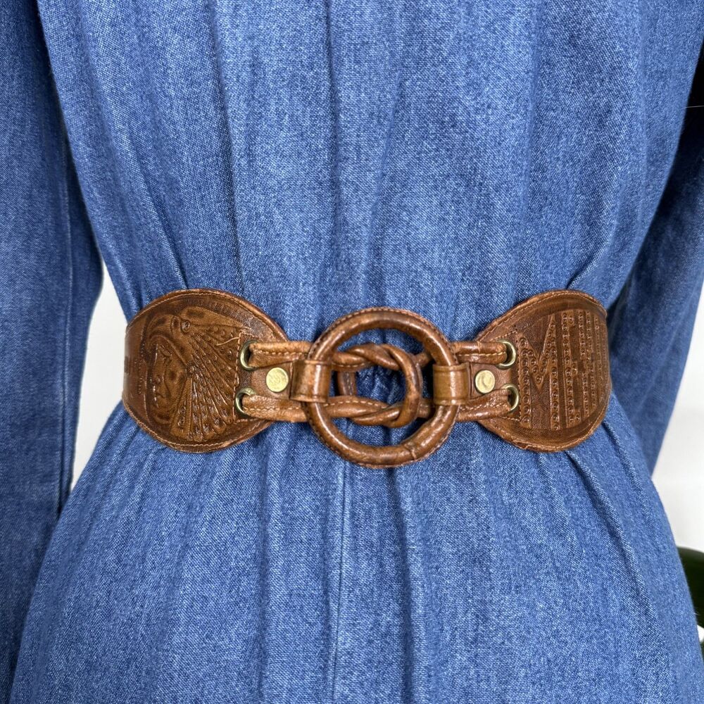 Vintage Mexico Embossed Leather Belt Wide Waist Double Ring Brown Boho Aztec